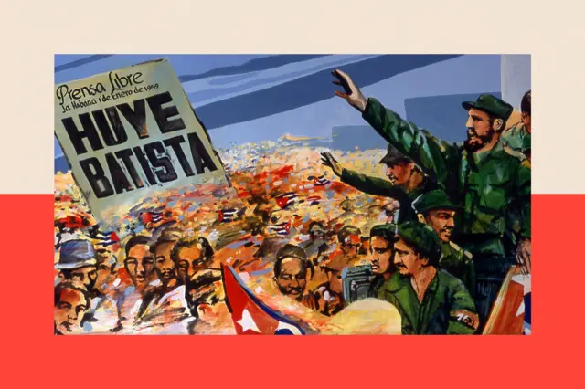 Una pintura que muestra a Fidel Castro celebrando con la gente el derrocamiento del régimen de Batista.