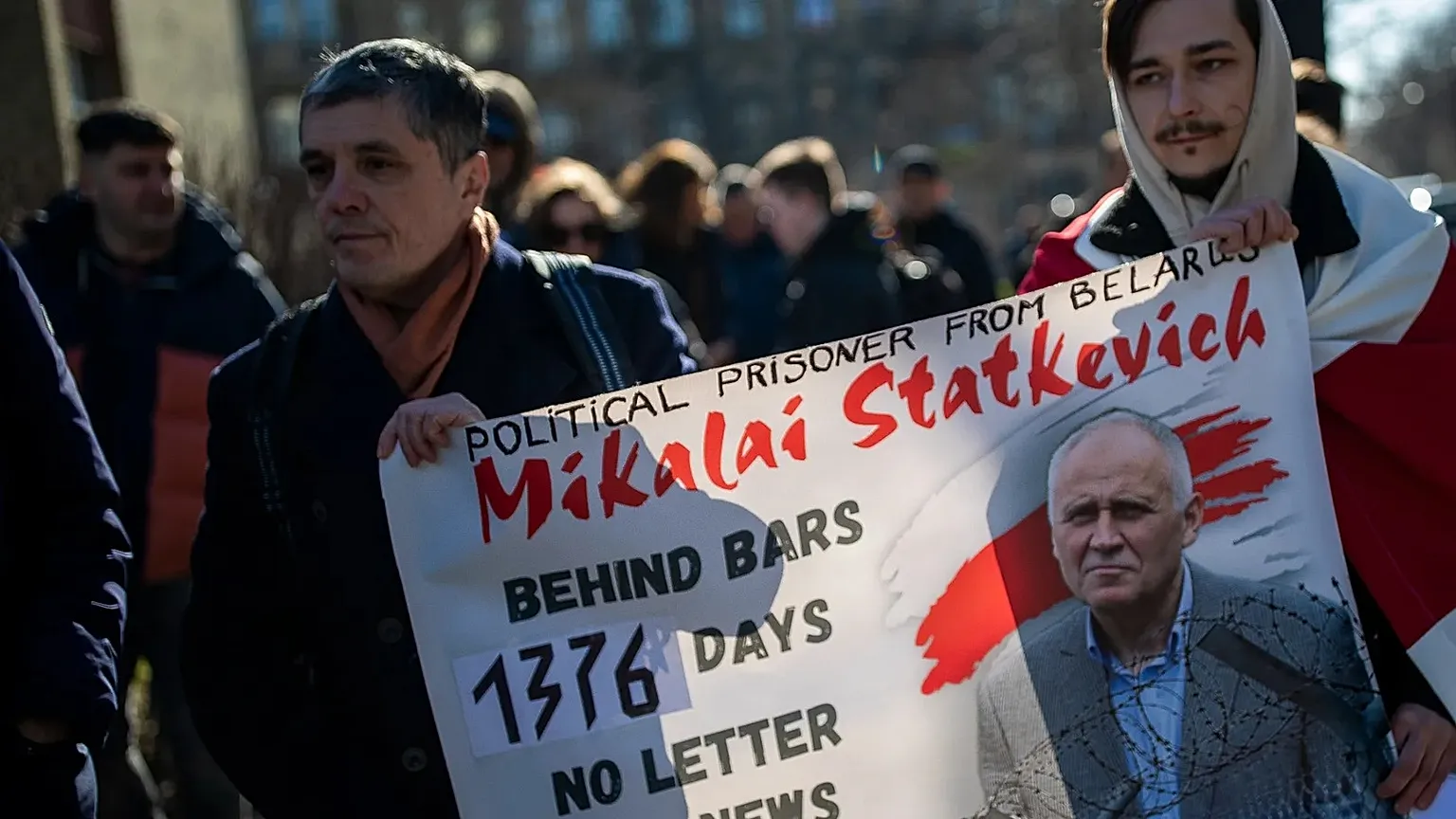 Belarusian people attend a protest demanding freedom for political prisoners in front of the Belarus Embassy in Vilnius, 8 March, 2024