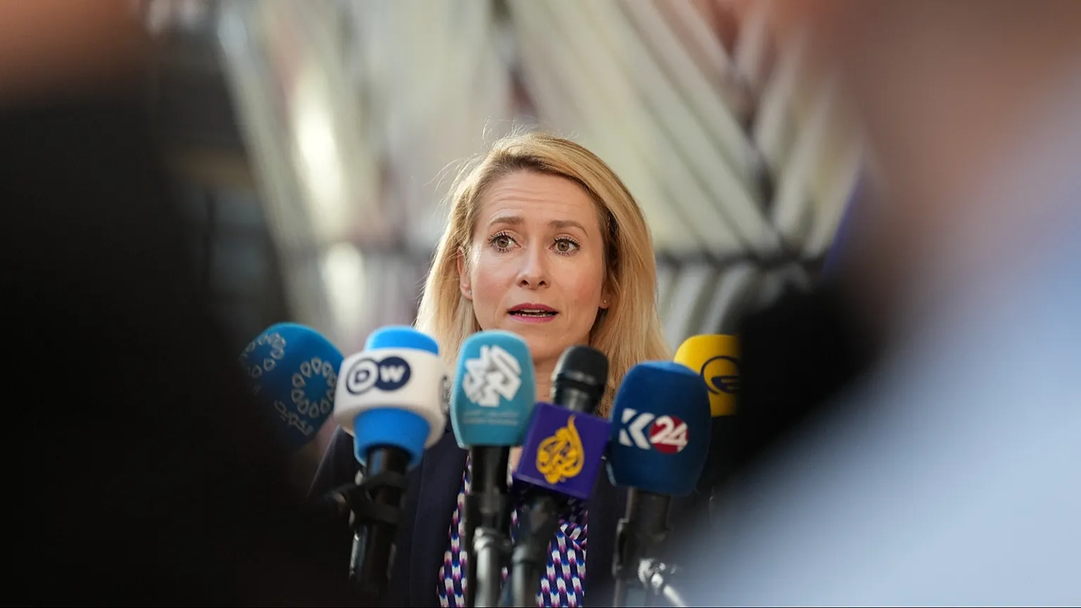 European Union foreign policy chief Kaja Kallas speaks with the media as she arrives for a meeting of EU foreign ministers at the European Council building in Brussels, Monday