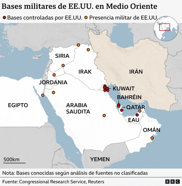 Mapa que muestra las bases y la presencia militar de Estados Unidos en Medio Oriente