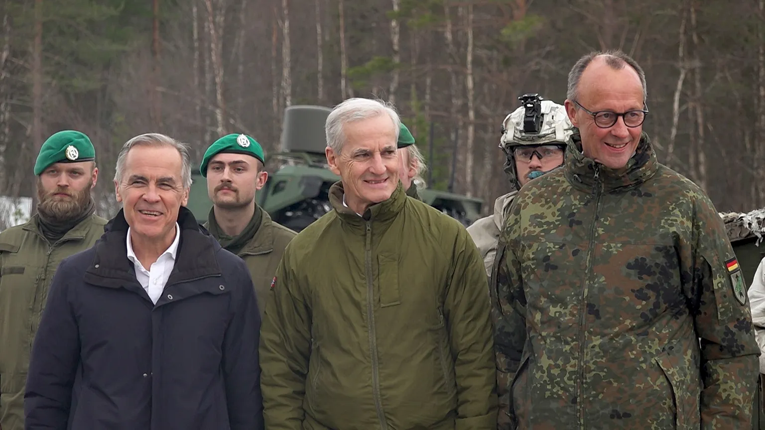 From left: Canadian Prime Minister Mark Carney, Norwegian Prime Minister Jonas Gahr Støre and German Chancellor Friedrich Merz in Norway on 13 March 2026.