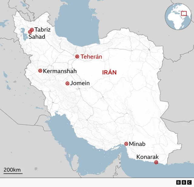 Mapa con las ciudades atacadas por Israel y Estados Unidos en Irán