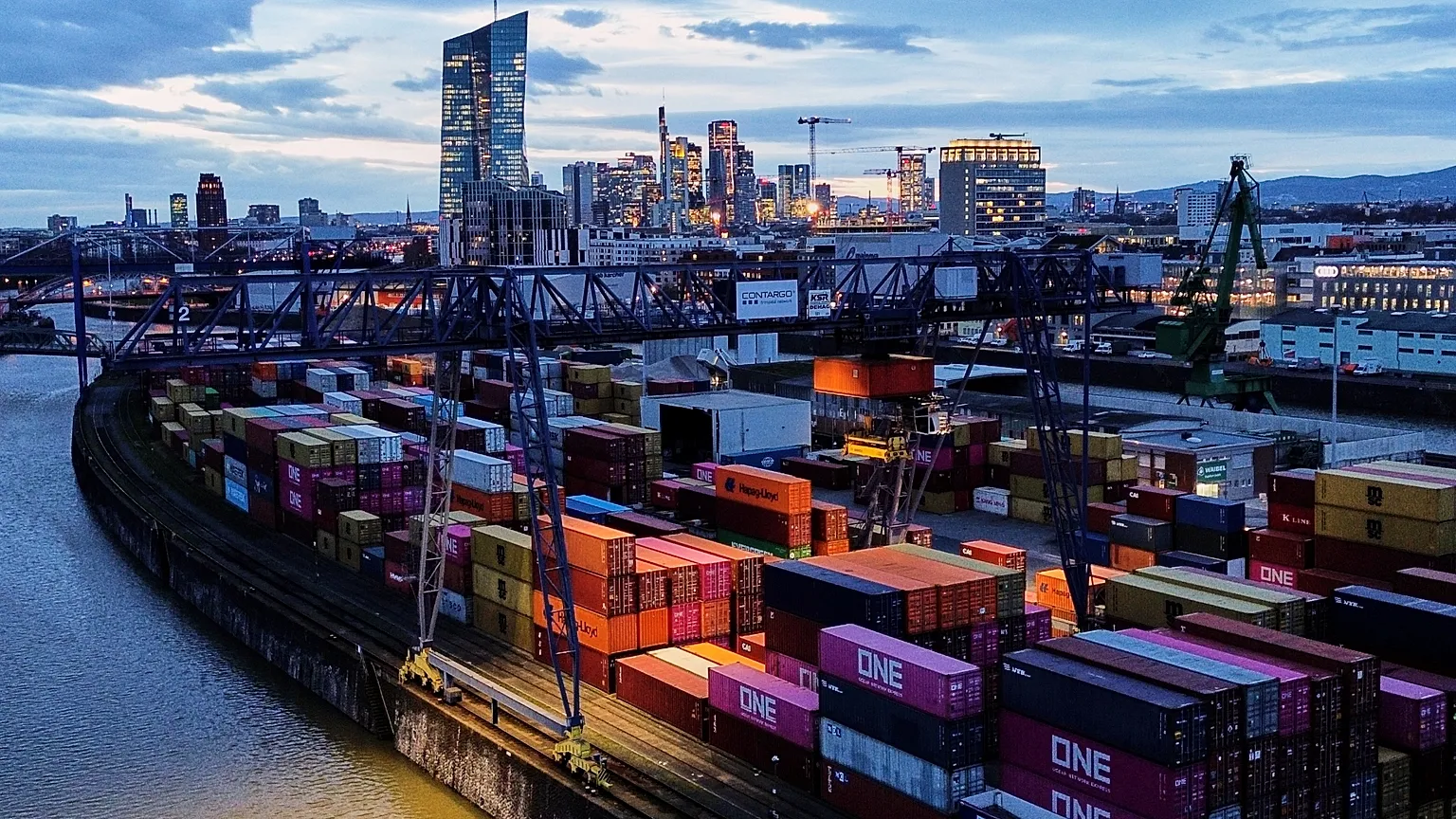 Containers are stored in a cargo terminal in Frankfurt, Germany, Monday, Feb. 23, 2026.