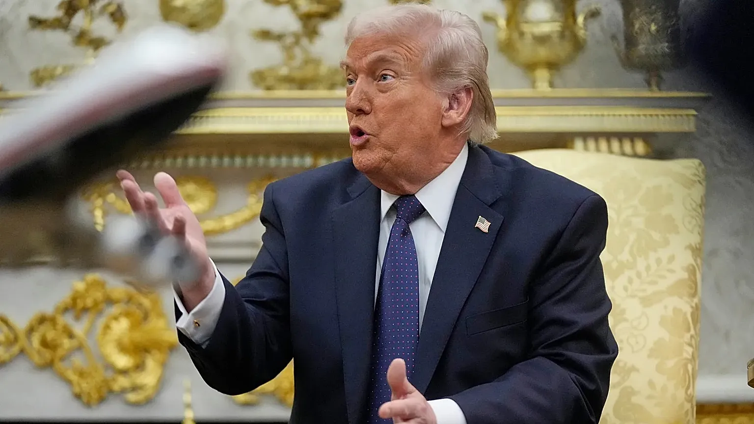 President Donald Trump speaks during a meeting with German Chancellor Friedrich Merz in the Oval Office at the White House.