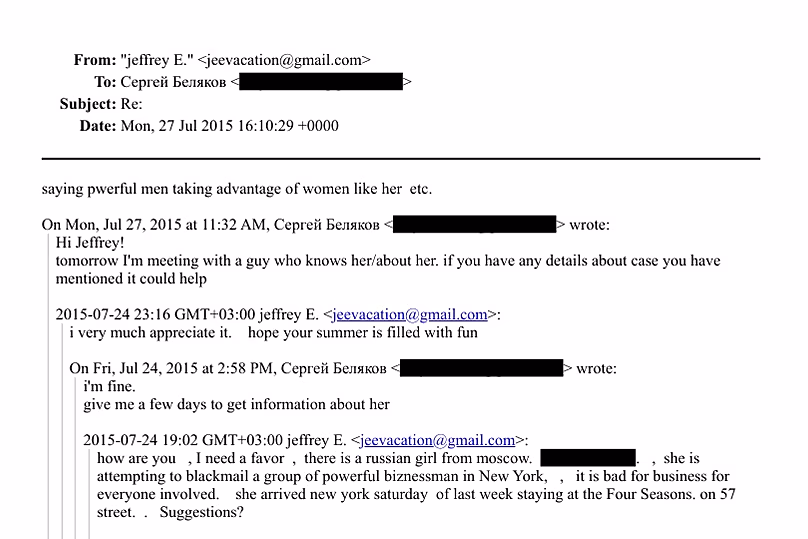 Emails between Epstein and Belyakov show Epstein asking him for information about a girl from Moscow. 