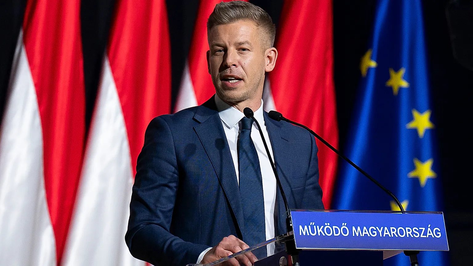 Péter Magyar, leader of the opposition Tisza party in national elections on April 12, speaks during the party's campaign opener 