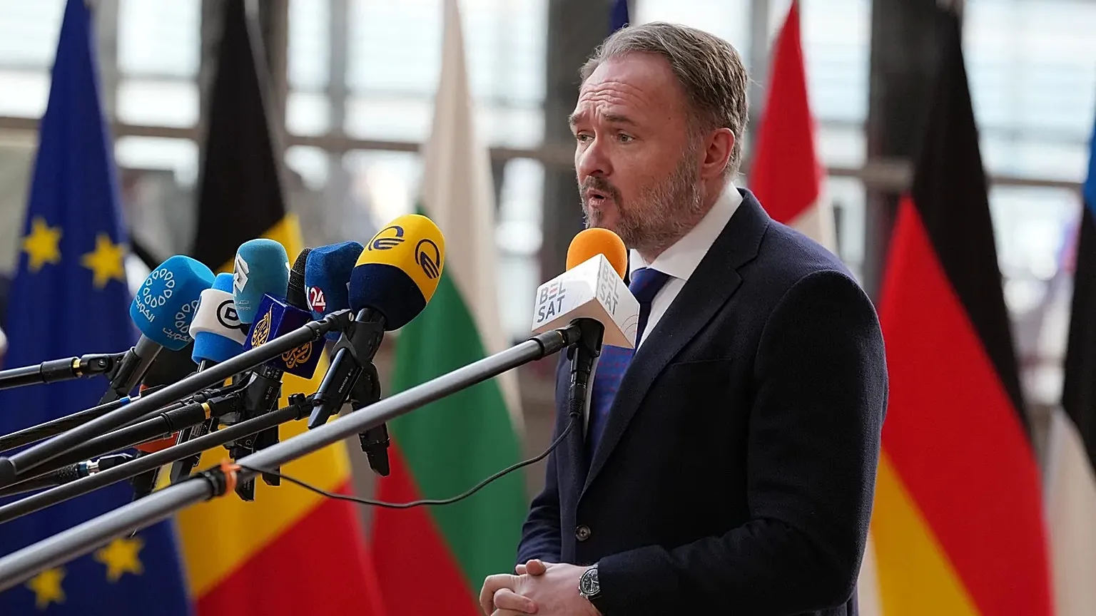 European Commissioner for Energy and Housing Dan Jorgensen speaks with the media as he arrives for a meeting of EU energy ministers in Brussels, Monday, March 16, 2026. 