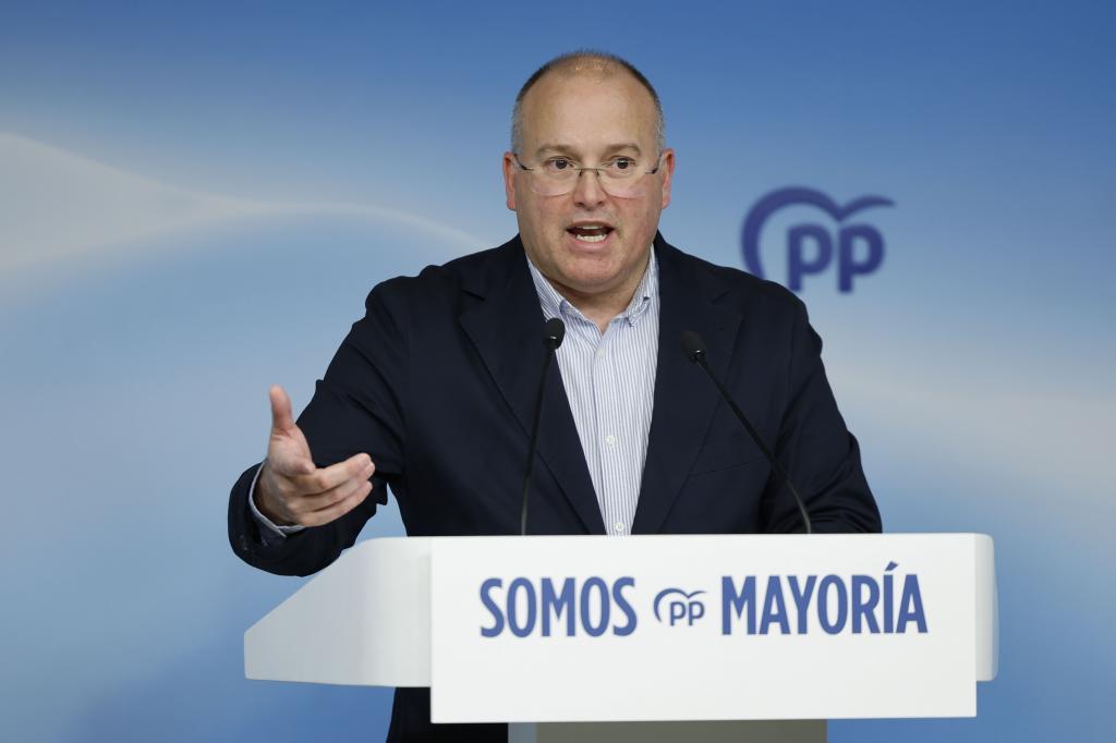 Miguel Tellado, este viernes, en rueda de prensa en la sede nacional del PP en Madrid.