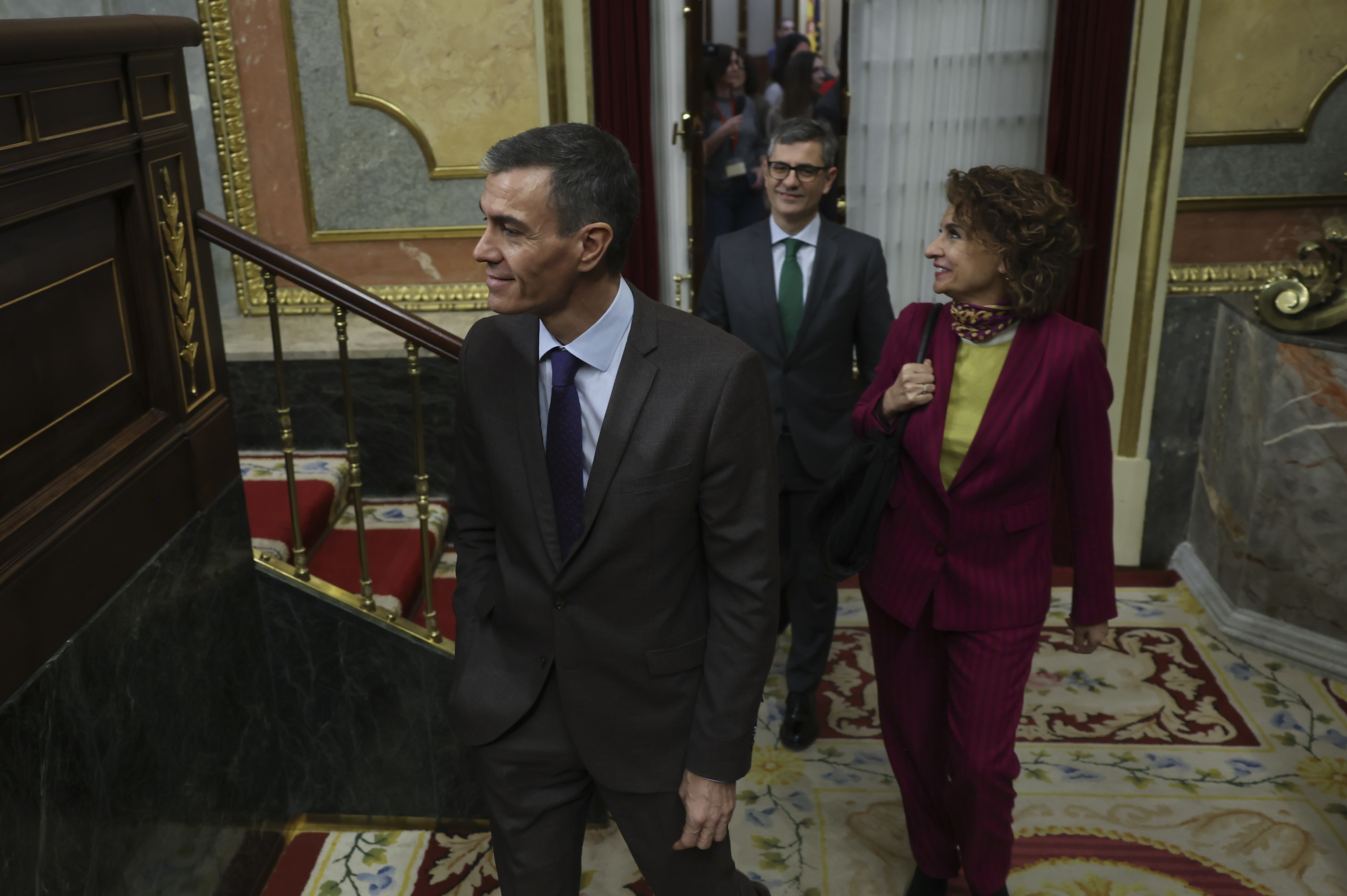 Pedro Sánchez, María Jesús Montero y Félix Bolaños, este jueves en el Congreso