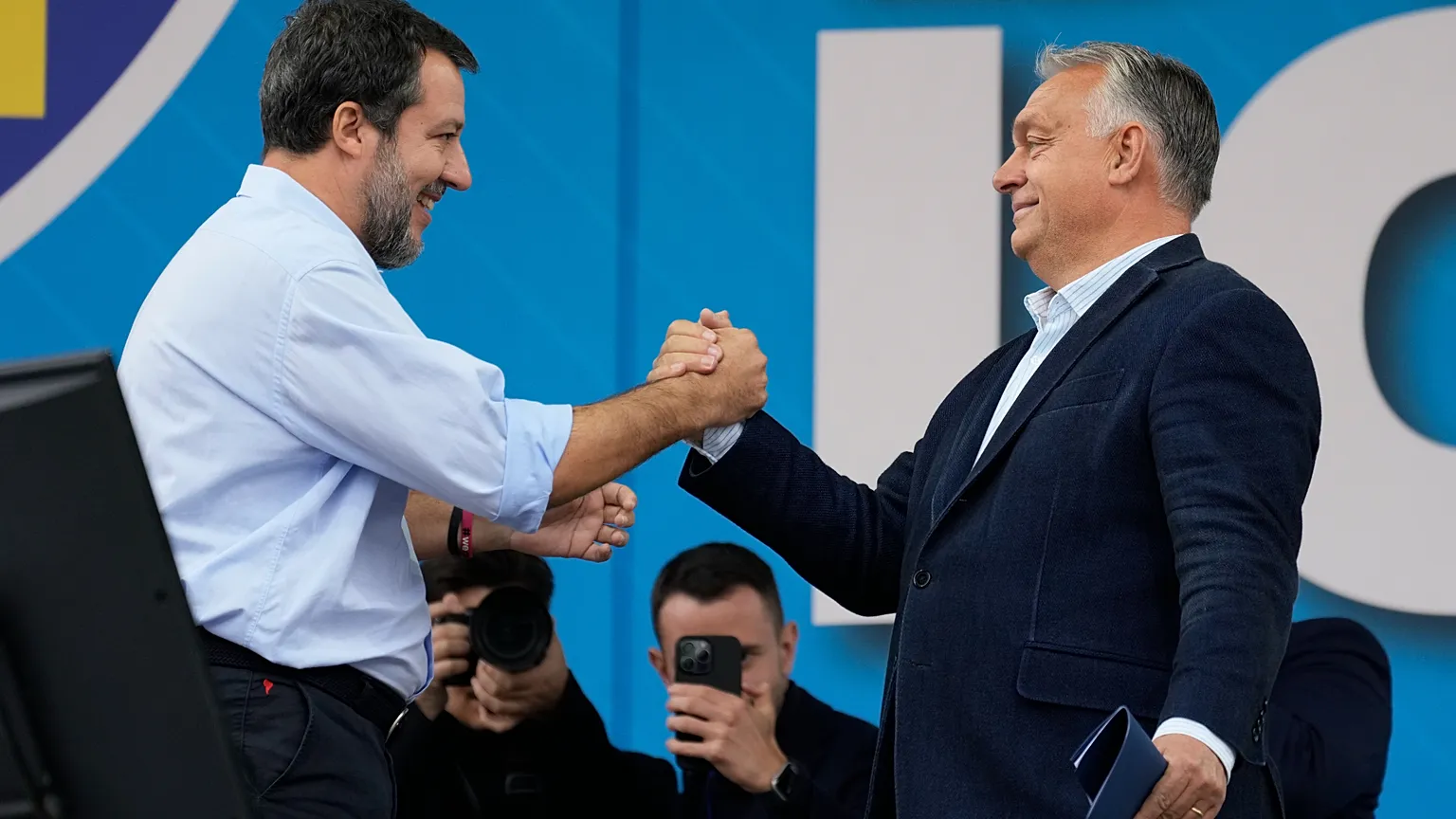 Italian Infrastructure Minister and leader of Italy's right-wing League party Matteo Salvini, left, and Hungarian Prime Minister and President of EU Council Viktor Orban atten