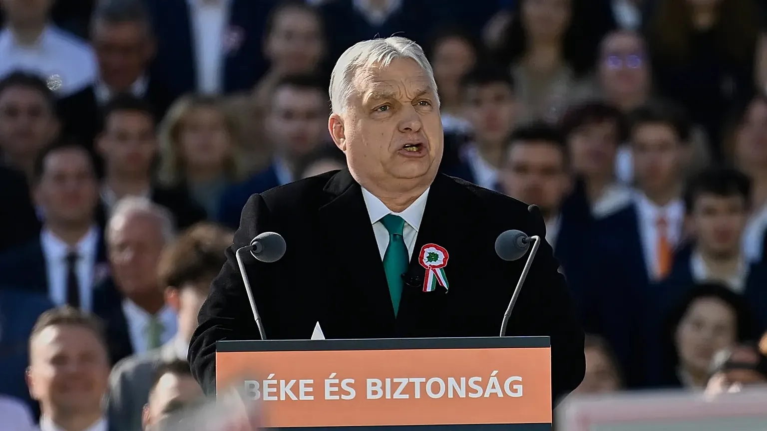 Hungary's Prime Minister Viktor Orbán addresses supporters during a march in Budapest, 15 March, 2026