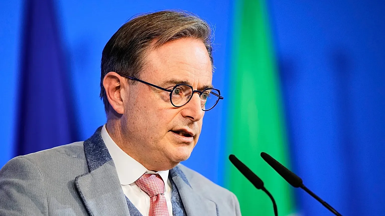 Belgian Prime Minister Bart de Wever speaks during the North Sea Summit in Hamburg, Germany, on Monday, January 26, 2026. (AP Photo/Martin Meissner)