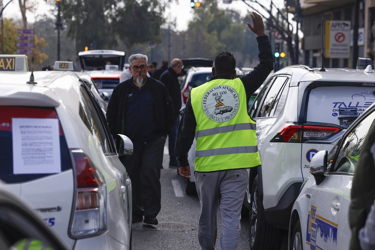 Taxistas en huelga en Valencia.