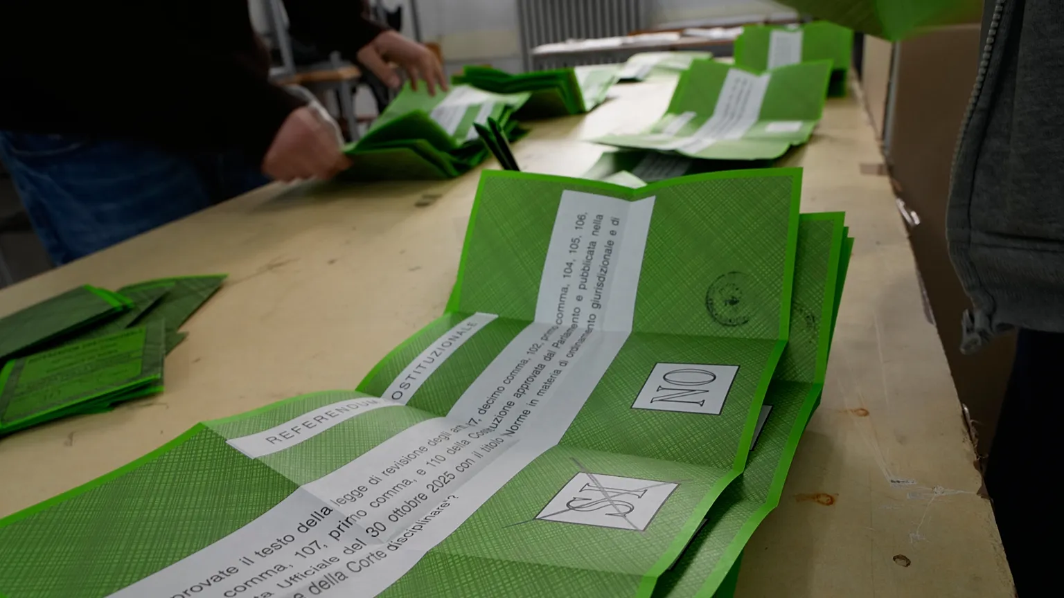 Ballots are counted at a polling station at the end of the vote for a referendum on judicial reform in Rome, Monday, March 23, 2026.