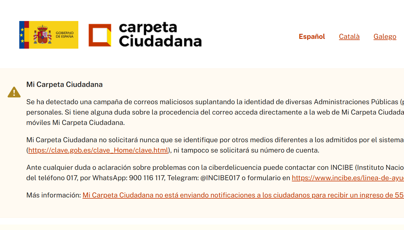 Captura de la web de Mi Carpeta, donde se alerta del fraude.