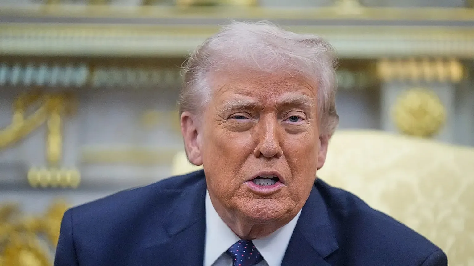 President Donald Trump speaks during a meeting with German Chancellor Friedrich Merz in the Oval Office at the White House, Tuesday, March 3, 2026