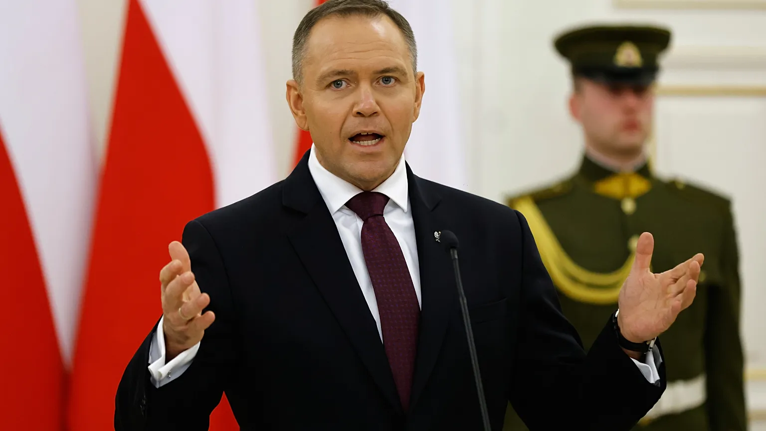 Polish President Karol Nawrocki at a press conference with Lithuanian President Gitanas Nauseda and Ukrainian President Volodymyr Zelenskyy in Vilnius, Lithuania, 25 Jan 2026
