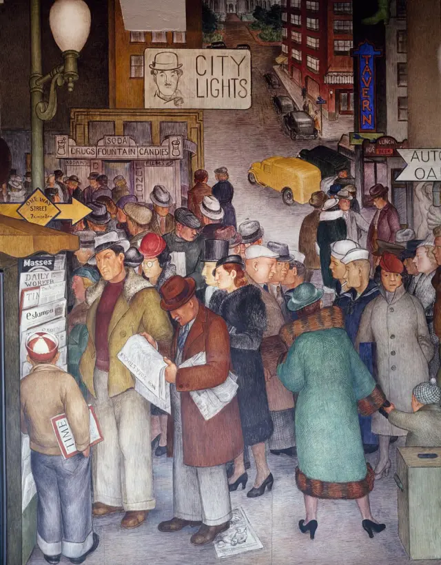 Cuadro que muestra peatones ricos y pobres en una concurrida intersección de la ciudad. La mayoría se congrega en un concurrido quiosco de la esquina, que vende la revista Time y varios periódicos obreros e internacionales, con una valla publicitaria de Charlie Chaplin para Luces de la Ciudad en un edificio cercano.