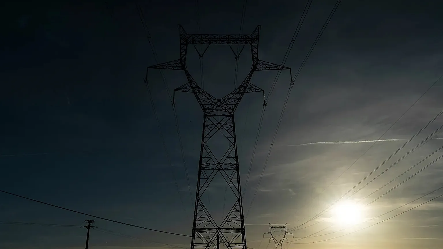 Electricity poles in the countryside outside Lyon, central France.