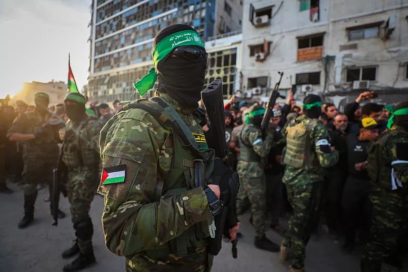 Fighters from the Qassam Brigades, the military wing of Hamas, in Gaza City, 19 January, 2025
