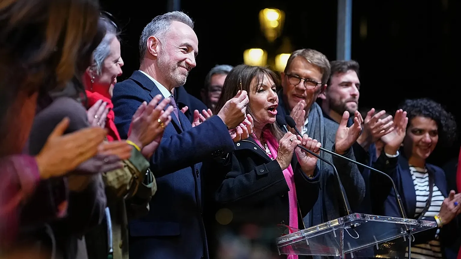 French socialist candidate for Paris mayoral election Emmanuel Gregoire, center left, and, Anne Hidalgo, center right, after Gregoire won the second round of elections