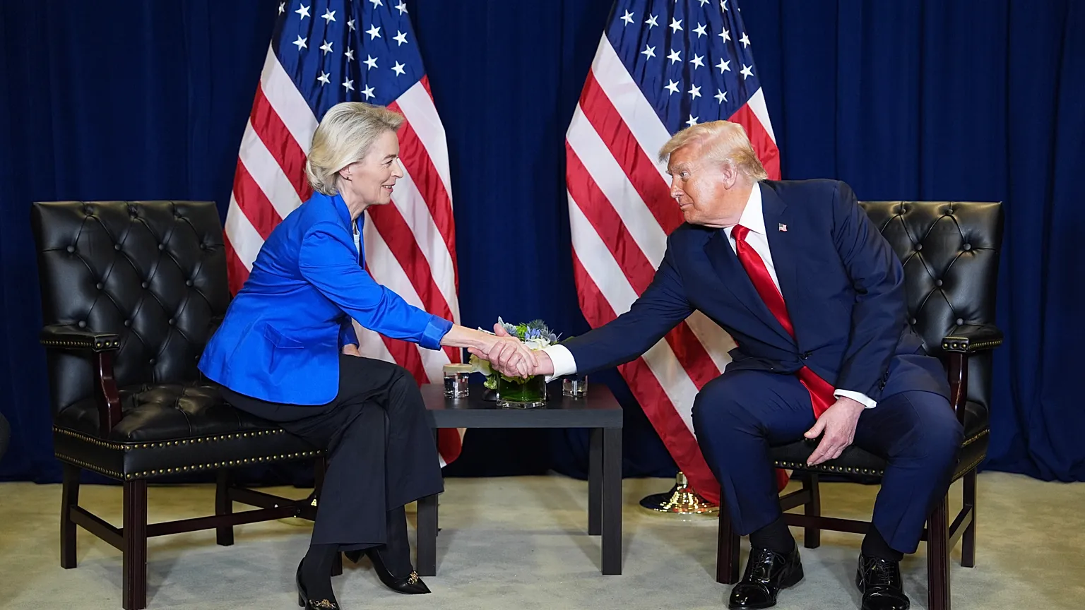 US President Donald Trump meets with the President of the European Commission Ursula von der Leyen, during the UN General Assembly, Tuesday, Sept. 23, 2025, in New York.