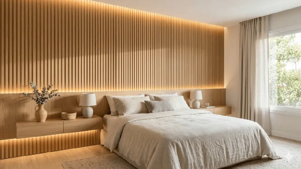 Adiós a los cuadros: cómo paneles de madera y listones transforman tu dormitorio
