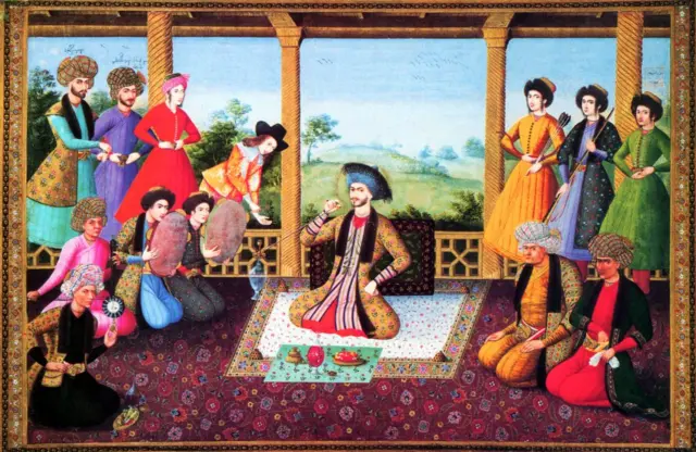 Una pintura de Ali-Quli Jabbadar que representa una escena del pabellón del jardín real del siglo XVII de la corte del sah Sulaiman de la dinastía safávida.