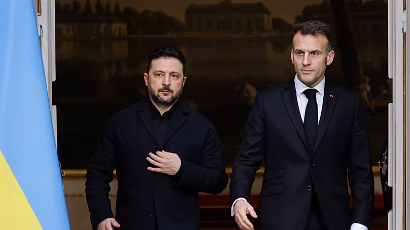 France's President Emmanuel Macron, right, and Ukraine's President Volodymyr Zelenskyy March 13, 2026. (Ludovic Marin/Pool Photo via AP)