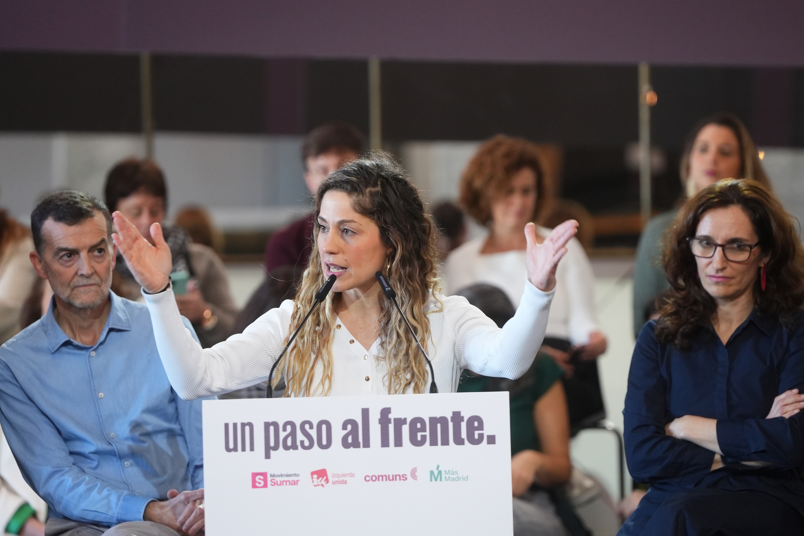 La coordinadora de Movimiento Sumar, Lara Hernández, el pasado 21 de febrero, en la presentación de la nueva alianza de las izquierdas.