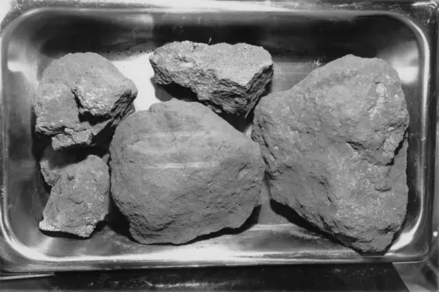 Varias rocas grises de diferentes tamaños en una bandeja de metal.