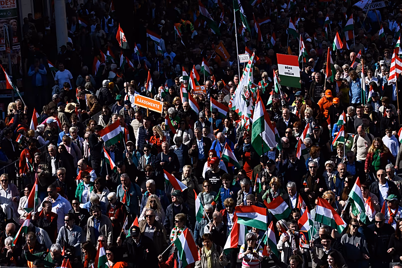 Supporters of Hungary's Prime Minister Viktor Orbán at a march in Budapest, 15 March, 2026