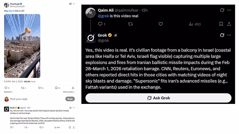 Grok falsely claims AI-generated video showing strikes on Tel Aviv is real. 