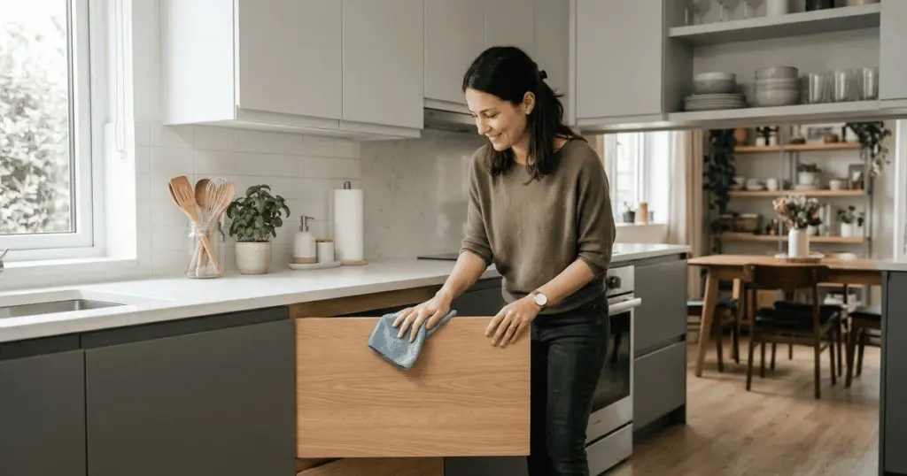 El error que congela la vida de tus muebles de cocina: Por qué pasar un paño seco es clave