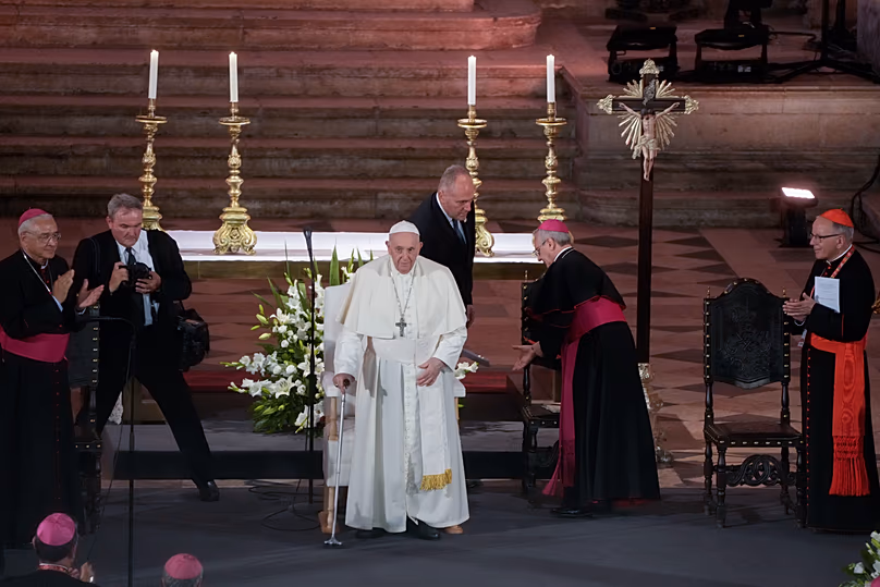 Pope Francis arrives at the 16th-century Jerónimos Monastery and Church in Lisbon, on Wednesday, 2 August 202
