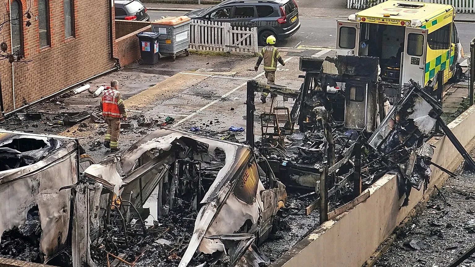 View of burnt ambulances in a car park at Golders Green in London, 23 March, 2026