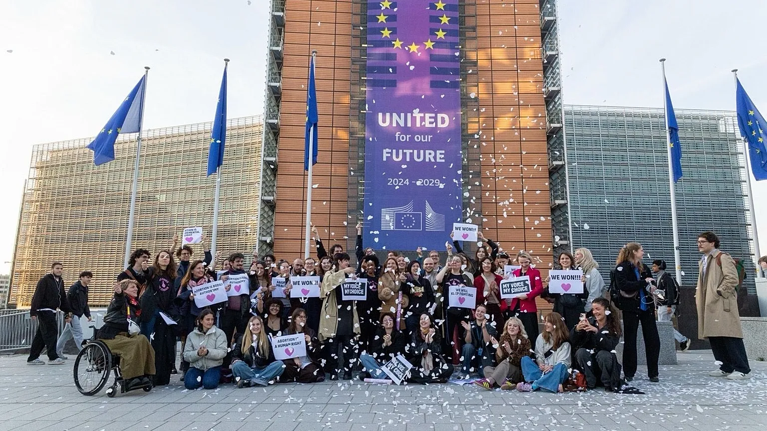 My Voice, My Choice celebrates decision made by the European Commission saying EU funds can be used for cross-border abortion access, Brussels, Belgium, Feb 26. 2026.