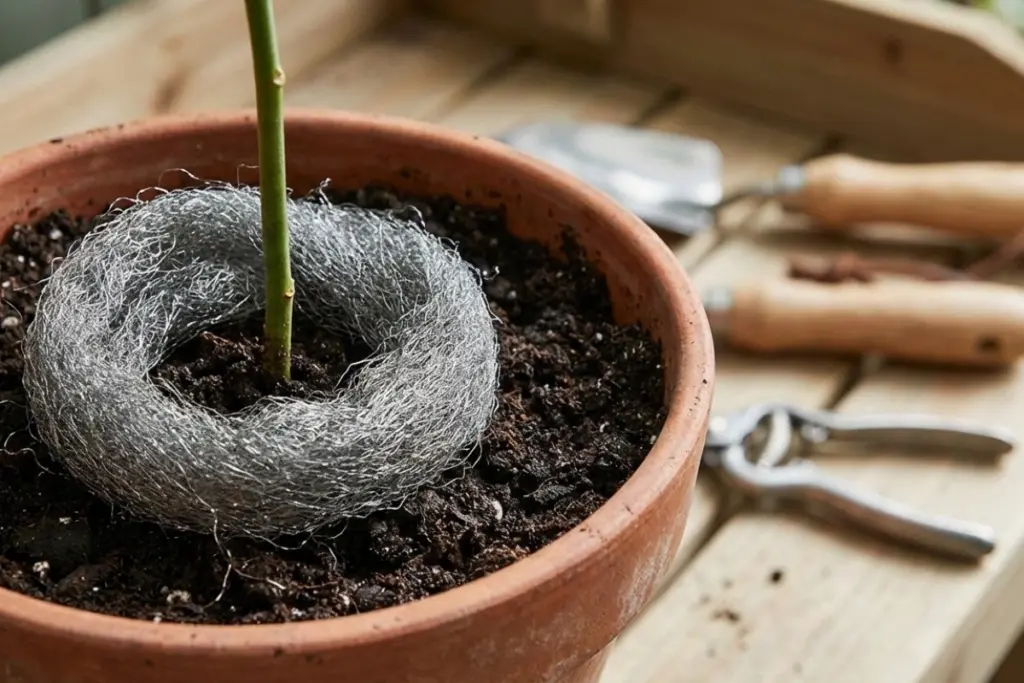 Lana de acero en plantas: barrera contra plagas y aporte de hierro mineral