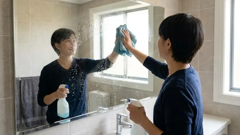 Limpia el espejo con Vinagre y Acondicionador de cabello para eliminar la cal