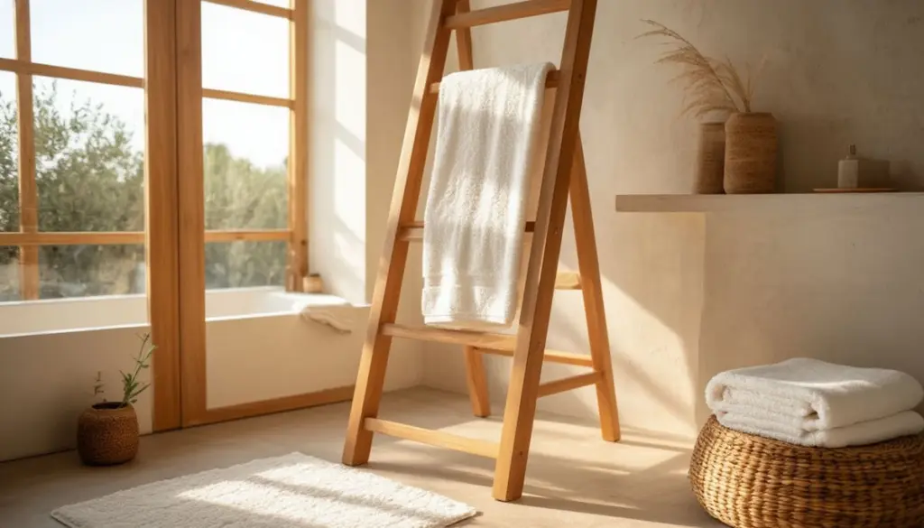 Organiza tu toalla con una escalera para toallas de madera y aceite de linaza