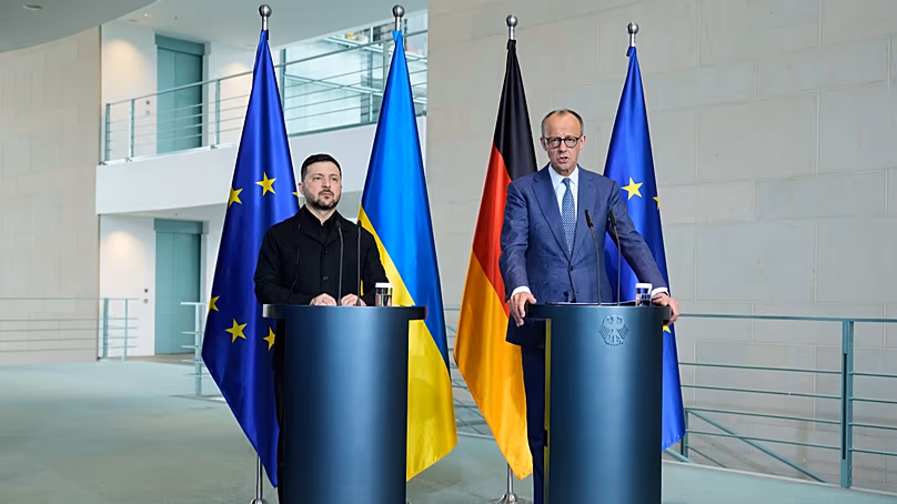 Selenskyj and Merz during a press conference in Berlin on 14 April 2026