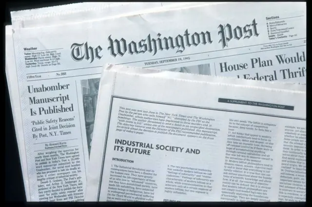 Fotografía de la edición del Washington Post en la que salió publicado el artículo de Kaczynski, titulado: Industrial society and its future (La sociedad industrial y su futuro).