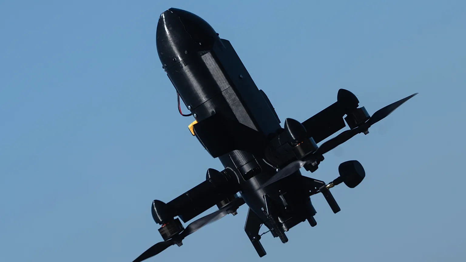 An anti-air interceptor drone designed to destroy Russian attack drones from the Ukrainian company General Cherry is seen during a demonstration in Kyiv region,