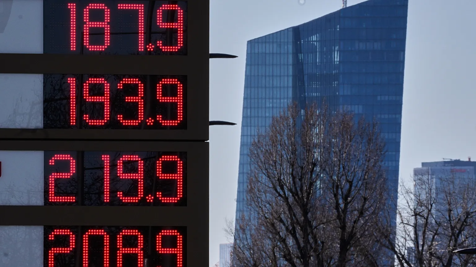 Gas prizes are displayed at a gas station with the European Central Bank in background in Frankfurt, Germany, Monday, March 2, 2026. 