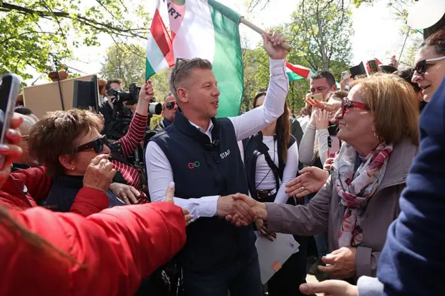 Peter Magyar sujeta en alto una bandera de Hungría rodeado de seguidores. 