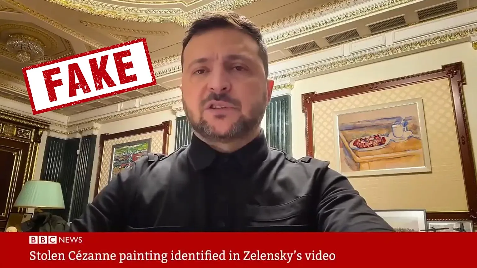 Fake BBC-style report on the alleged theft of a French painting.
