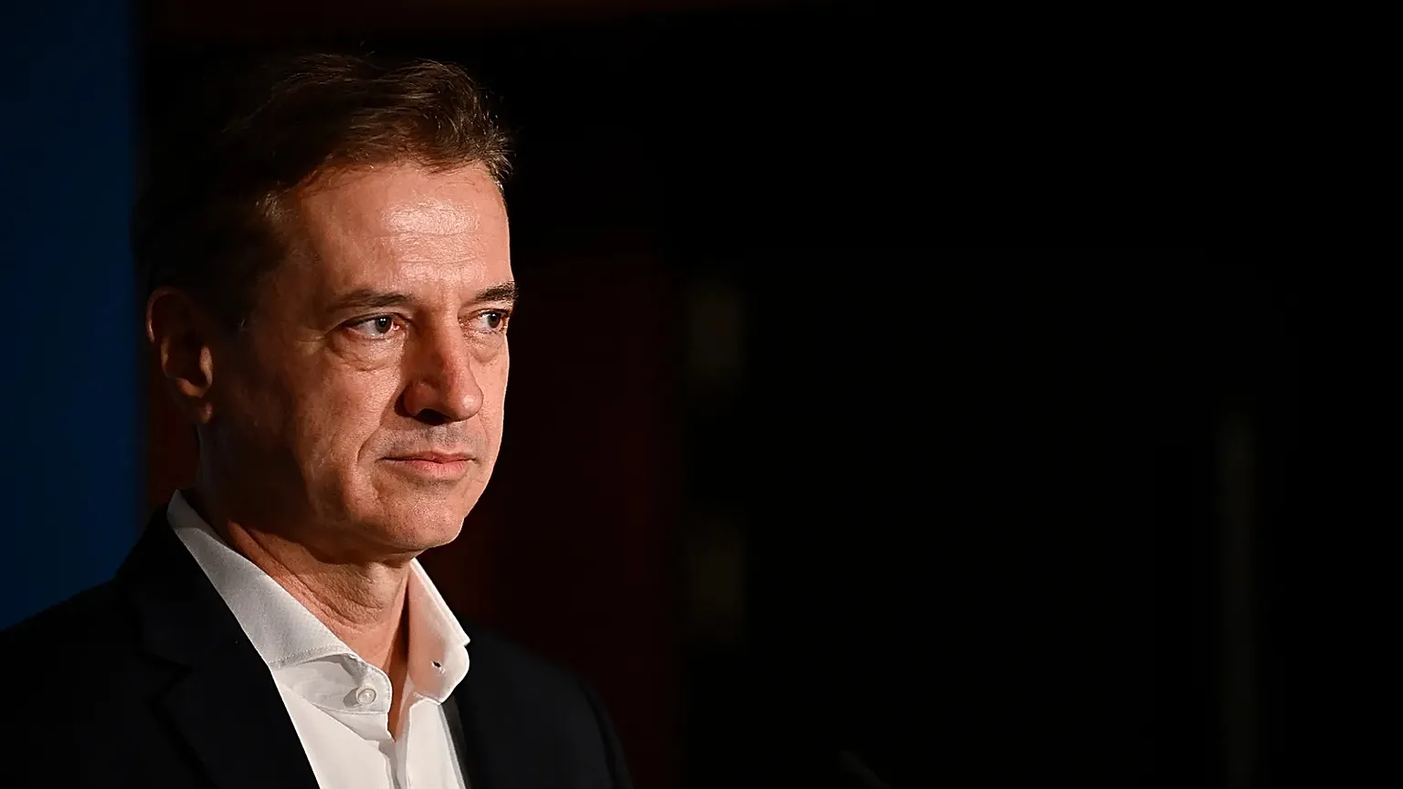 Prime Minister of Slovenia Robert Golob addresses the media at the parlament in Ljubljana, Slovenia, on Sunday, March 22, 2026.