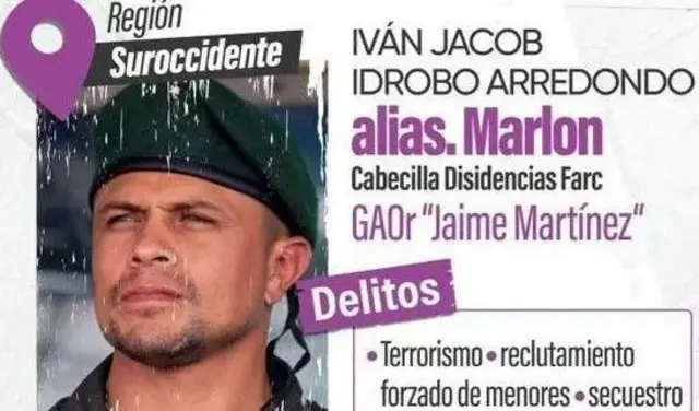Recompensa por alias Marlon del Ministerio de Defensa colombiano.