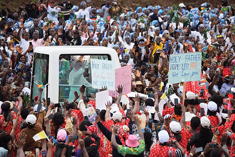 Pope Leo XIV arrives to celebrate Mass at Bamenda Airport, 16 April, 2026