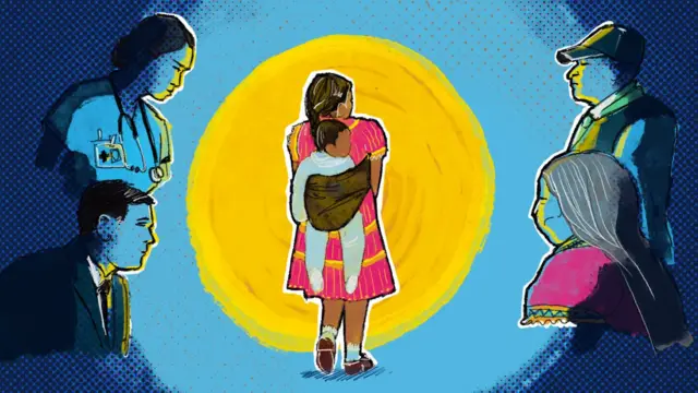Ilustración de una mujer embera con la hija a cuestas mientras es juzgada y mirada por otros sectores de la sociedad.